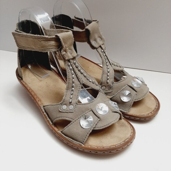RIEKER \ Studded Gem Low Heel Open Toe Sandal Ankle Strap Taupe Gray Eur 37 US 6 - Picture 14 of 15